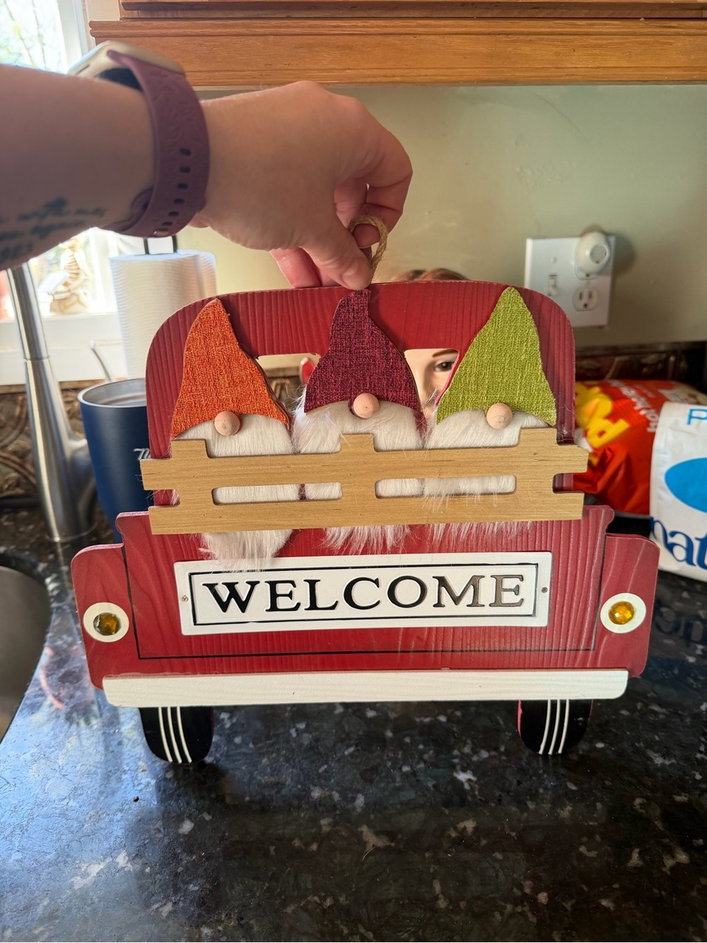 Welcome Holiday Truck Sign with Three Gnome Accents - Red